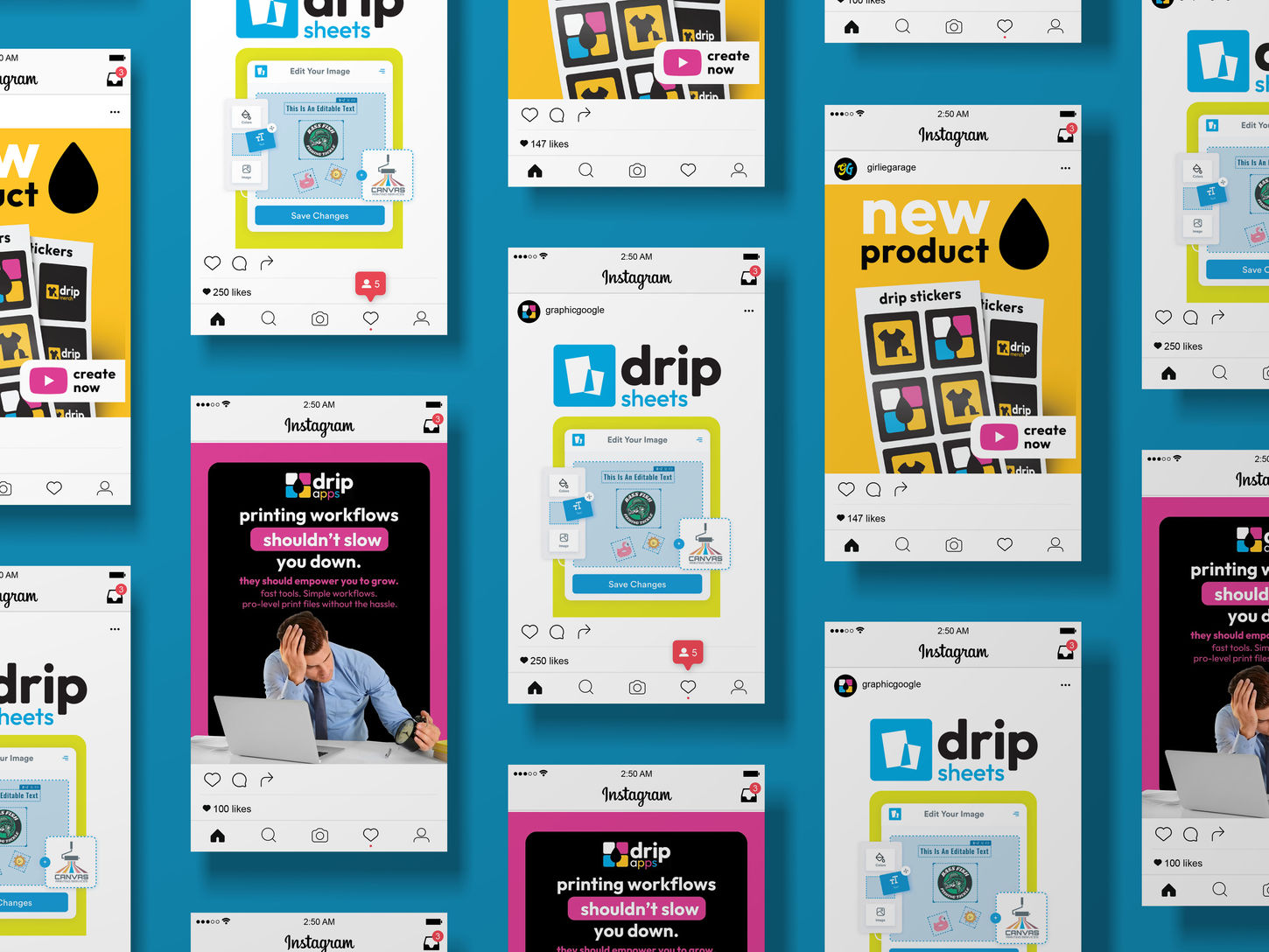 Drip Social mockup examples showing branded social media templates and layout system for consistent content across the Drip Apps ecosystem