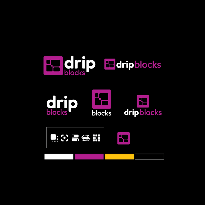 Drip Blocks logo suite showing modular icon and wordmark lockups on dark background, Drip Apps sub-brand identity