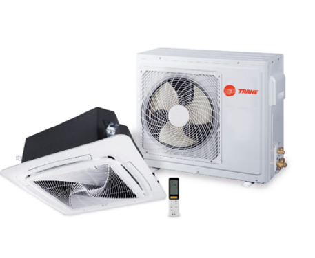 Cassette 4 vías Trane .png Aire acondicionado tipo cassette Trane, ideal para climatización uniforme en espacios amplios.