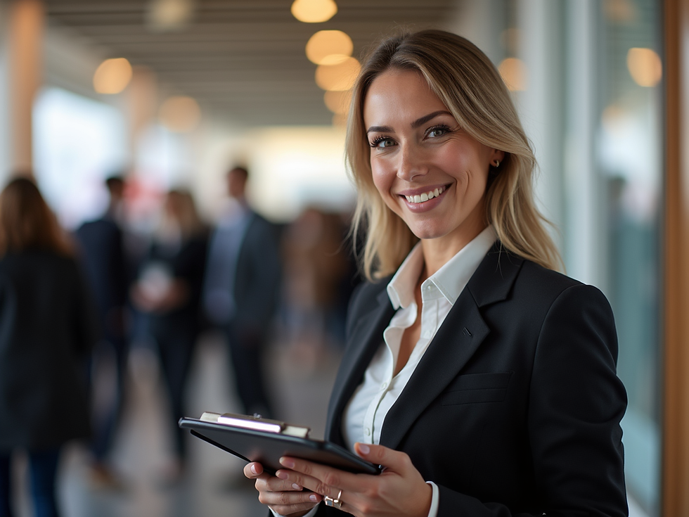 Professional-event-staff-member-holding-clipboard-smiling-confidently-at-a-busy-event-venu