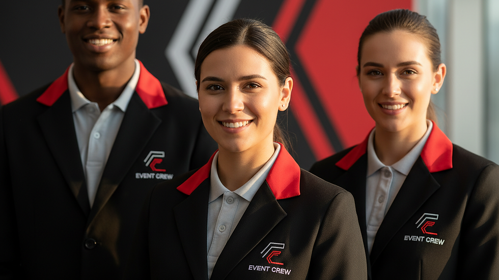 Three smiling event crew staff in black blazers with red collars pose indoors; jackets read EVENT CREW.