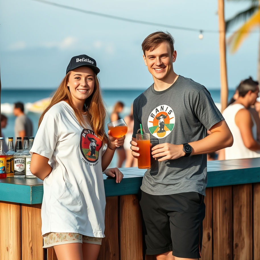 student staff at beach party selling drinks in branded clothing.jpg