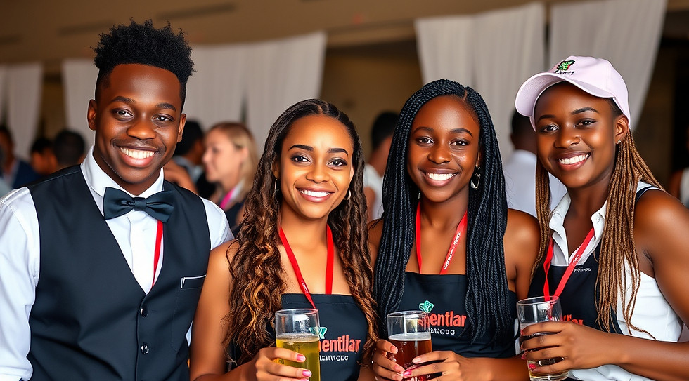 4 multi gender and multi-racial south african student staff in branded clothing at a weddi