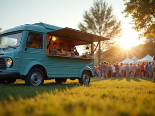 Teal coffee truck serving drinks at sunset, with people gathered on a grassy festival lawn under warm golden light.
