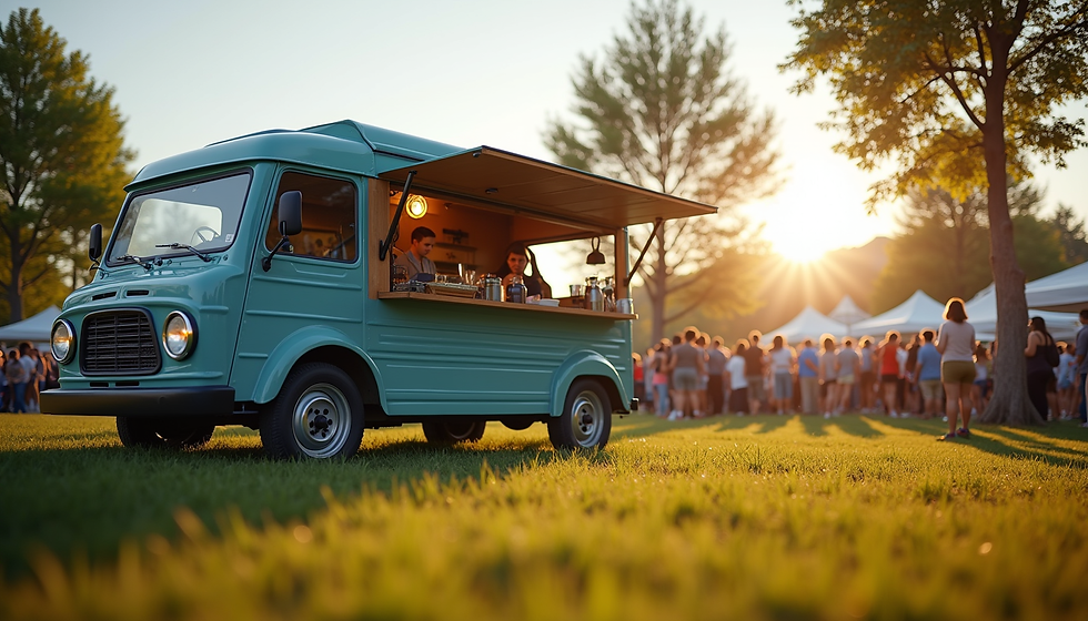 Teal coffee truck serving drinks at sunset, with people gathered on a grassy festival lawn under warm golden light.