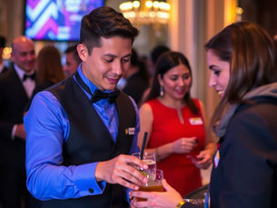 Smiling man in blue shirt and black vest pours a drink for a woman at a lively formal event with warm lights and guests in background.