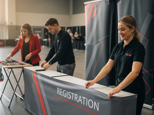 Smiling volunteers staff a registration table in a bright convention hall, with badges, banners, and a large REGISTRATION sign.