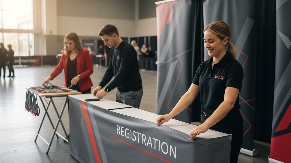 Smiling volunteers staff a registration table in a bright convention hall, with badges, banners, and a large REGISTRATION sign.