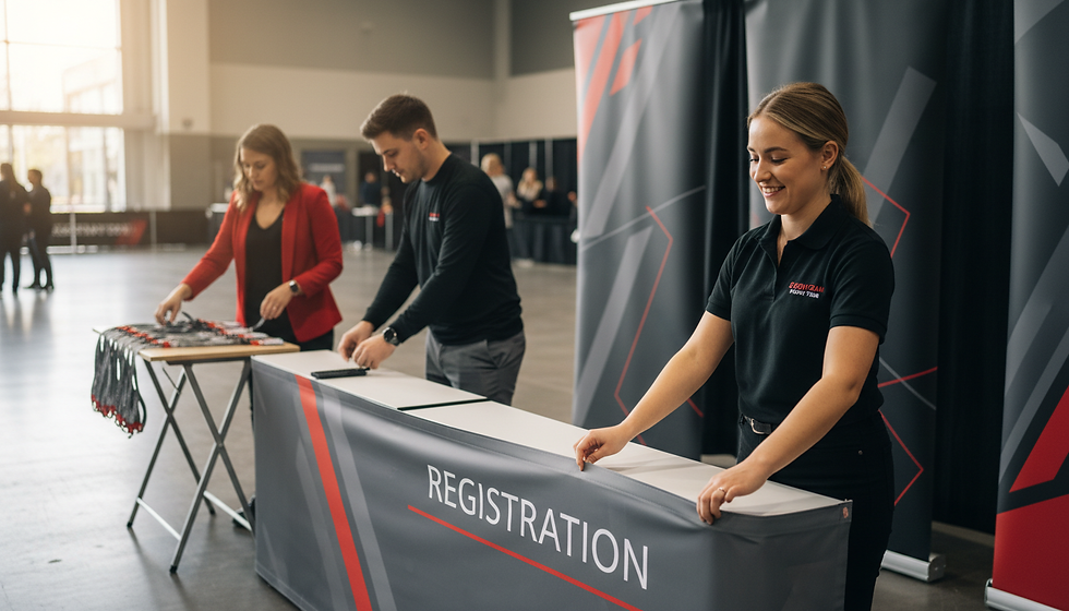 Smiling volunteers staff a registration table in a bright convention hall, with badges, banners, and a large REGISTRATION sign.