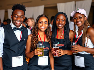 Four smiling event staff in black aprons and red lanyards hold drinks at an indoor gathering.