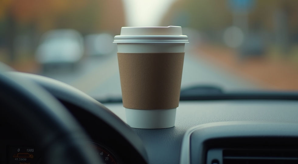 Takeaway coffee cup on a car dashboard, with a blurred road and traffic in the background.