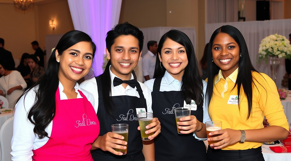 4 multi gender and multi-racial student staff in branded clothing at a wedding event servi
