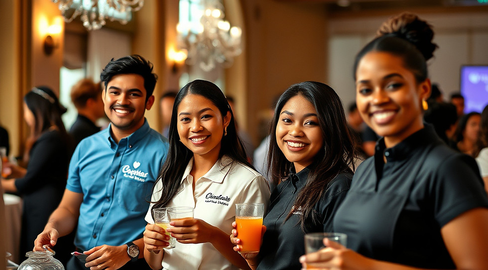 wide shot multi gender and multi racial student staff in branded clothing at a wedding eve