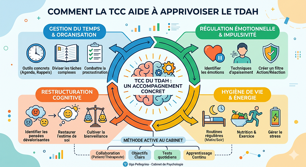 Infographie colorée sur la TCC du TDAH, avec quatre axes: temps, émotions, pensée, hygiène de vie, et icônes.