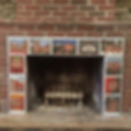 Decorative mosaics and tiles surrounding a brick fireplace