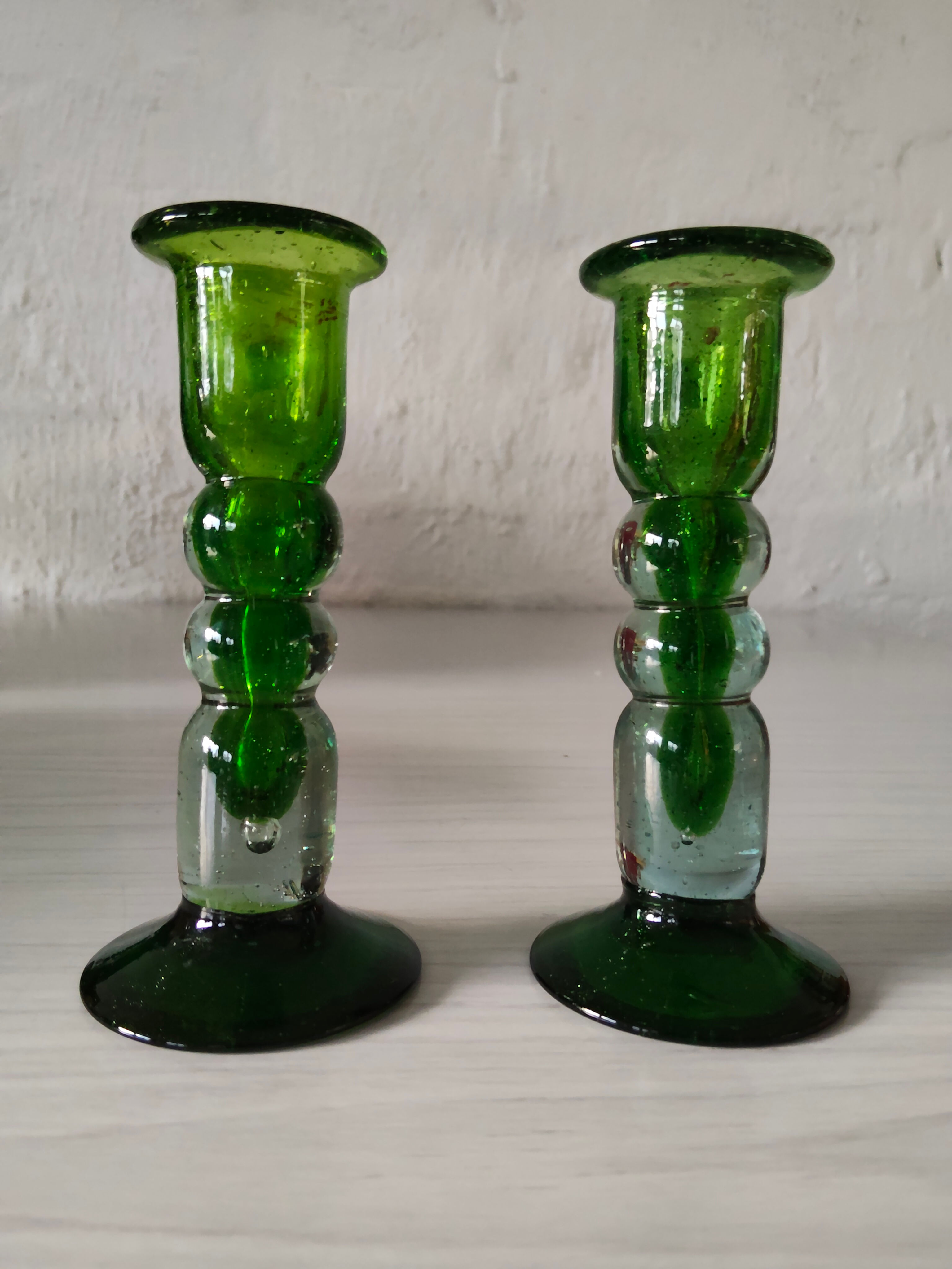 Handblown Green Glass Candleholders 