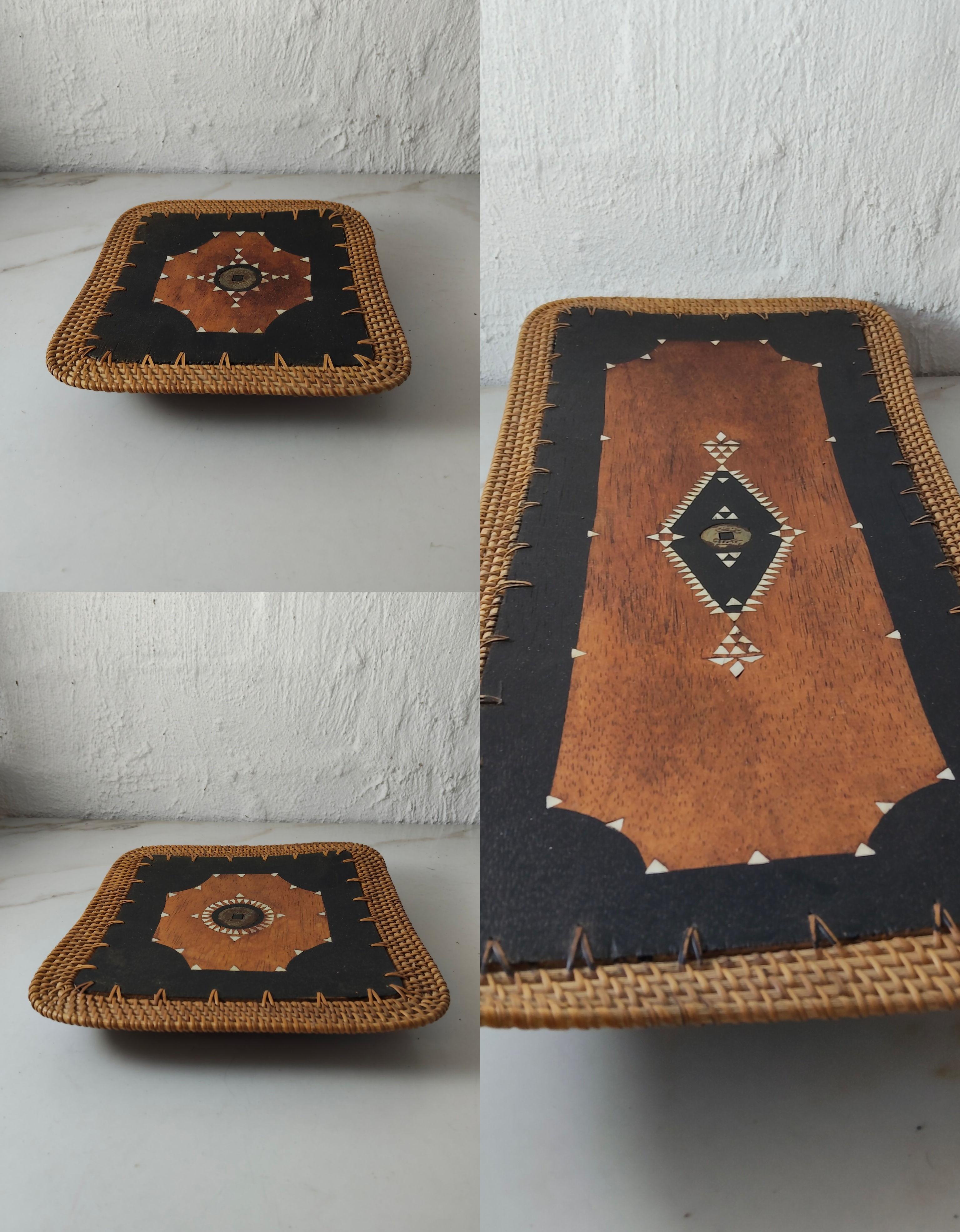 3 piece Wooden Tray with Shell Inlay Set