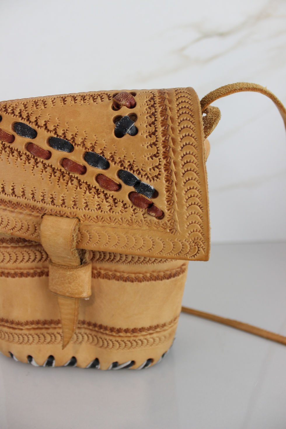 Thumbnail: Small Vintage Hand Tooled Leather Handbag