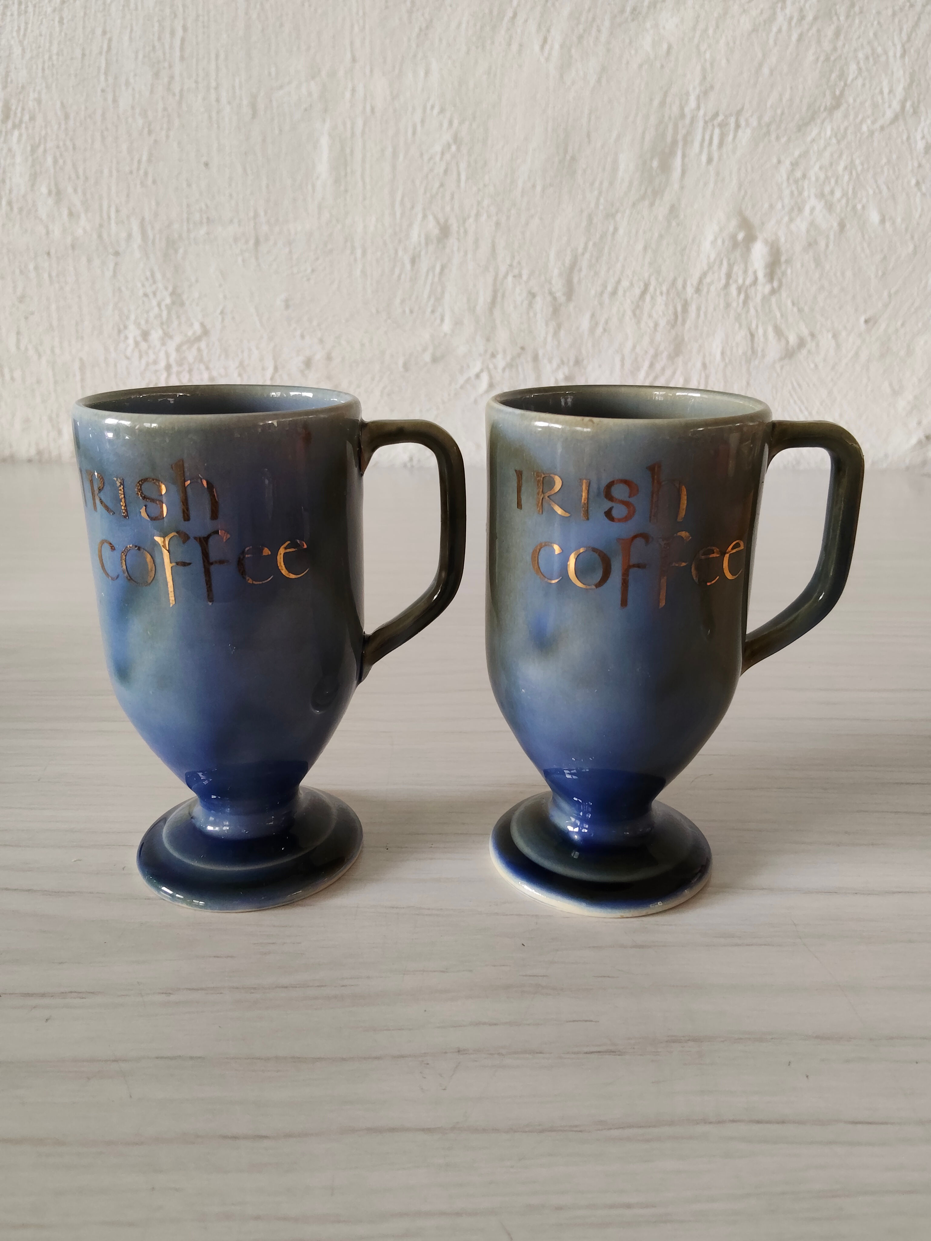 2 x Irish Coffee Blue Glazed Pottery Mugs 