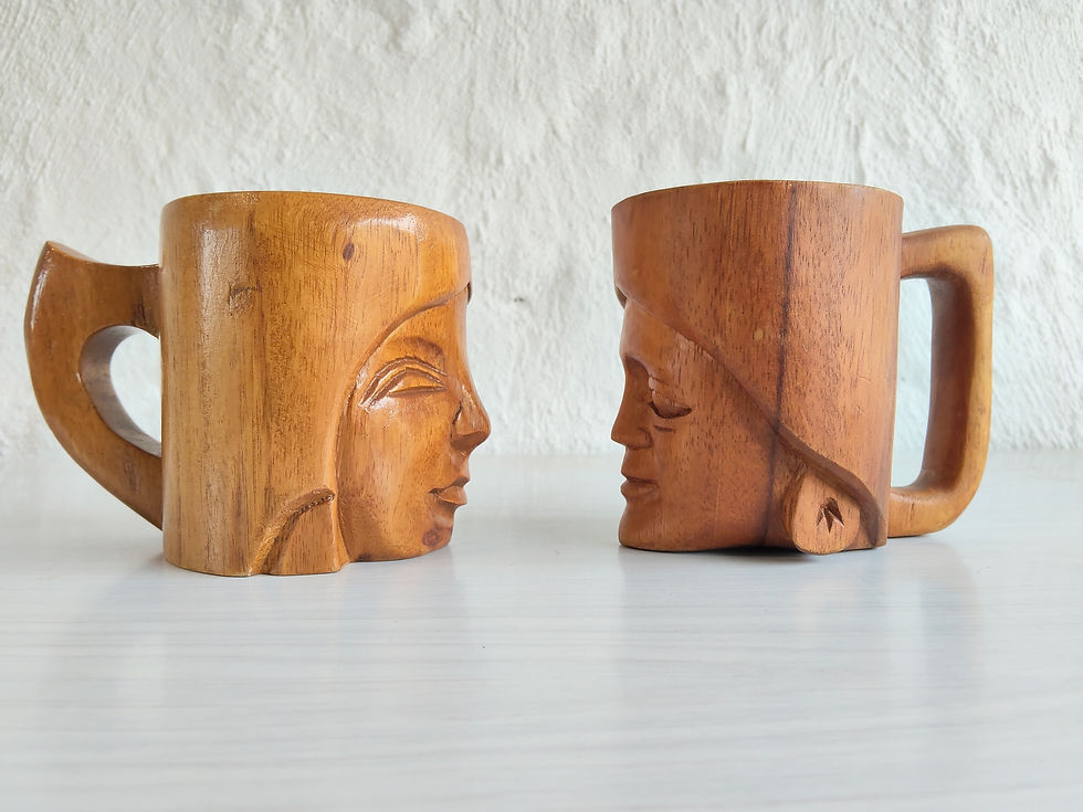Thumbnail: 2 x Vintage Tiki Face Wooden Mugs 