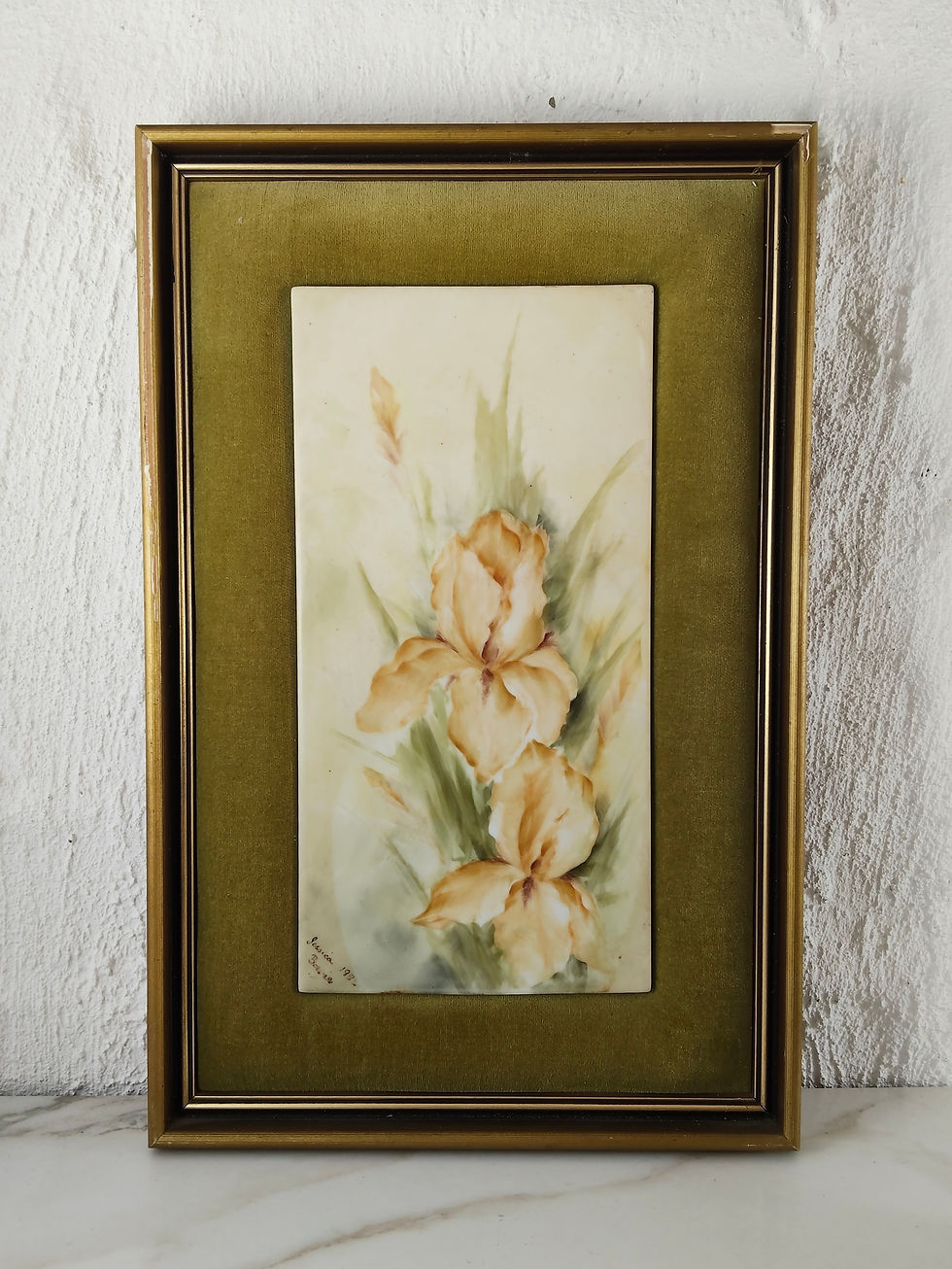 Thumbnail: Painted Irises on Porcelain in Velvet Frame 