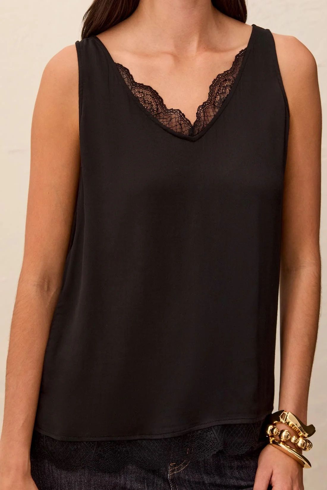 Tribal - Satin Feel V-Neck Cami with Lace Trim