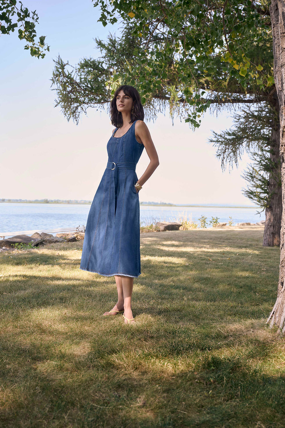 Thumbnail: Joseph Ribkoff - Denim Fit and Flare Midi Dress with Belt