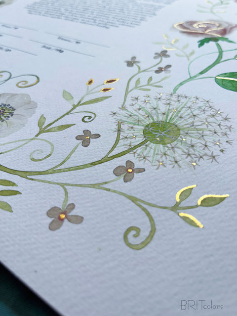 Watercolor & Pure gold leaf custom handmade ketubah