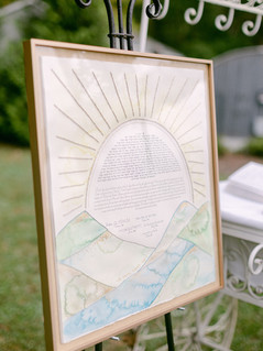 "Mountain Sunset" custom ketubah - watercolor, embroidery, glass beads & pure gold leaf