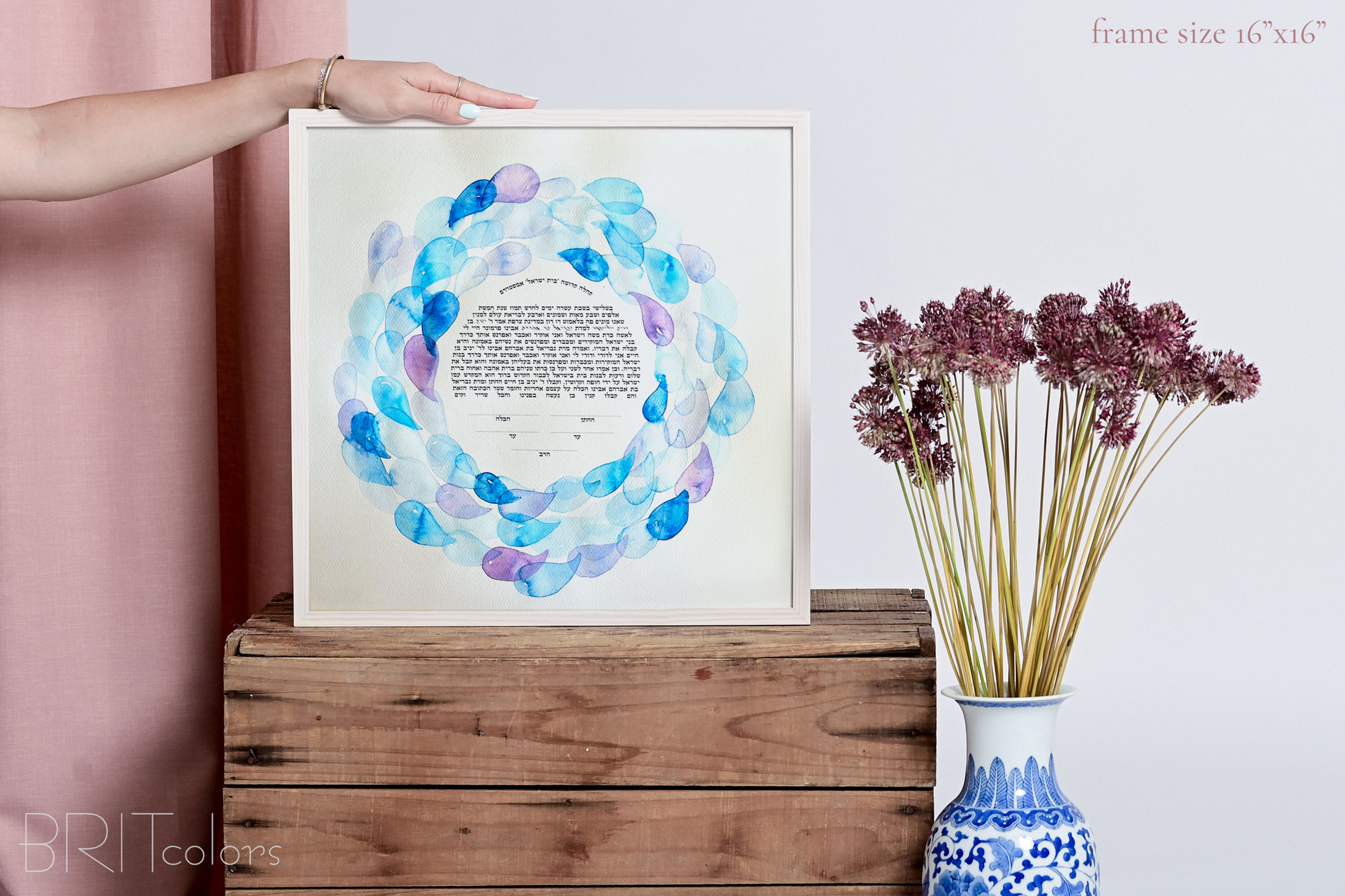 "Purple & Blue Watercolor Drops Mandala" Handmade Ketubah