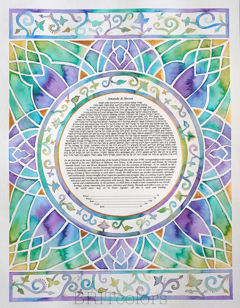 Thumbnail: "Purple & Green Stained Glass" Handmade Watercolor and Gold Ketubah