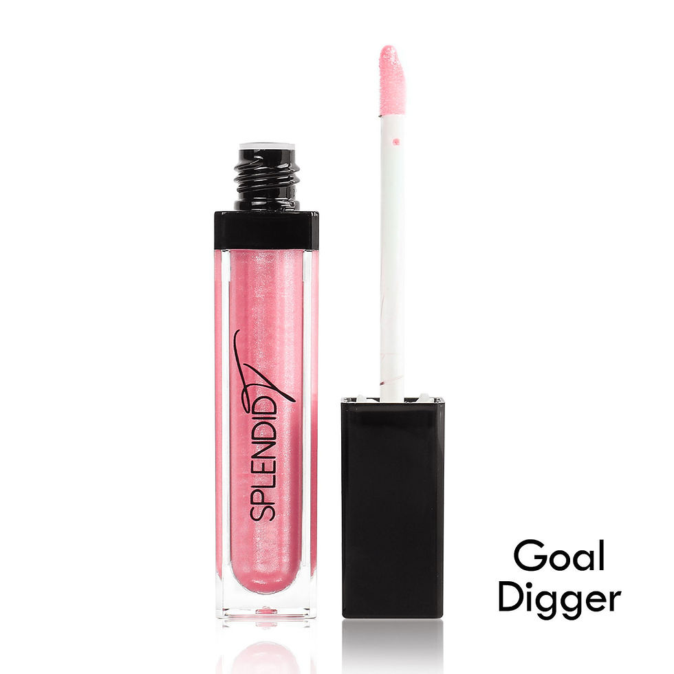 Splendid Tresses Goal Digger lip gloss in sparkling pink, displayed in a clear tube with black cap and white applicator.