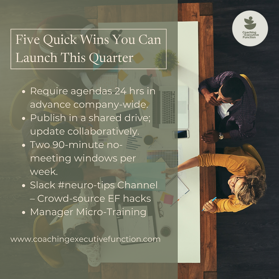 Overhead view of three colleagues working at a table, with text listing five quick workplace inclusion tips and the Coaching Executive Function logo and website.
