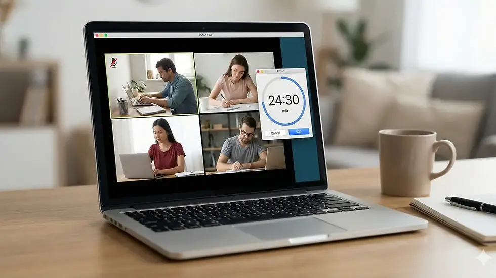 Example of a virtual coworking setup with a timer and camera on for accountability.