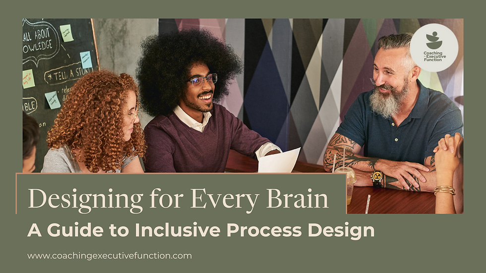 Three diverse colleagues sit at a table smiling and discussing documents, with a chalkboard and colorful geometric wall in the background. Text overlay reads “Designing for Every Brain: A Guide to Inclusive Process Design” with the Coaching Executive Function logo and website URL.