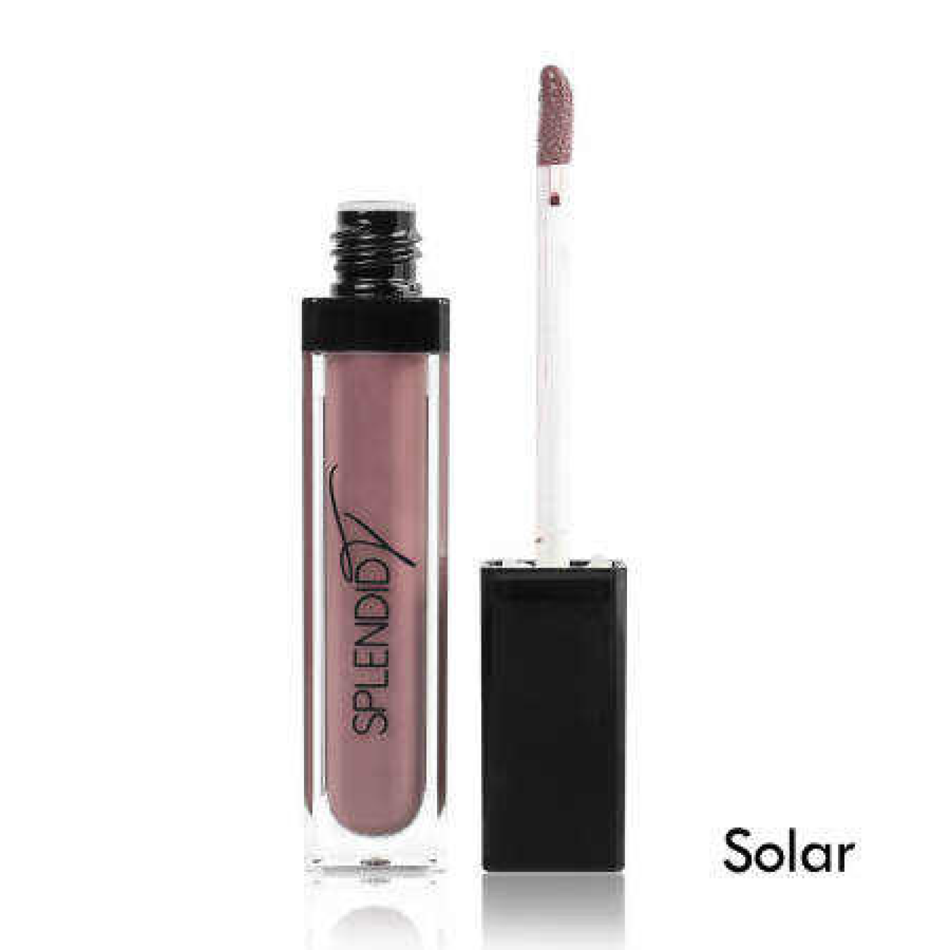 Splendid Tresses Solar lip gloss in shimmering rosy hue with applicator.