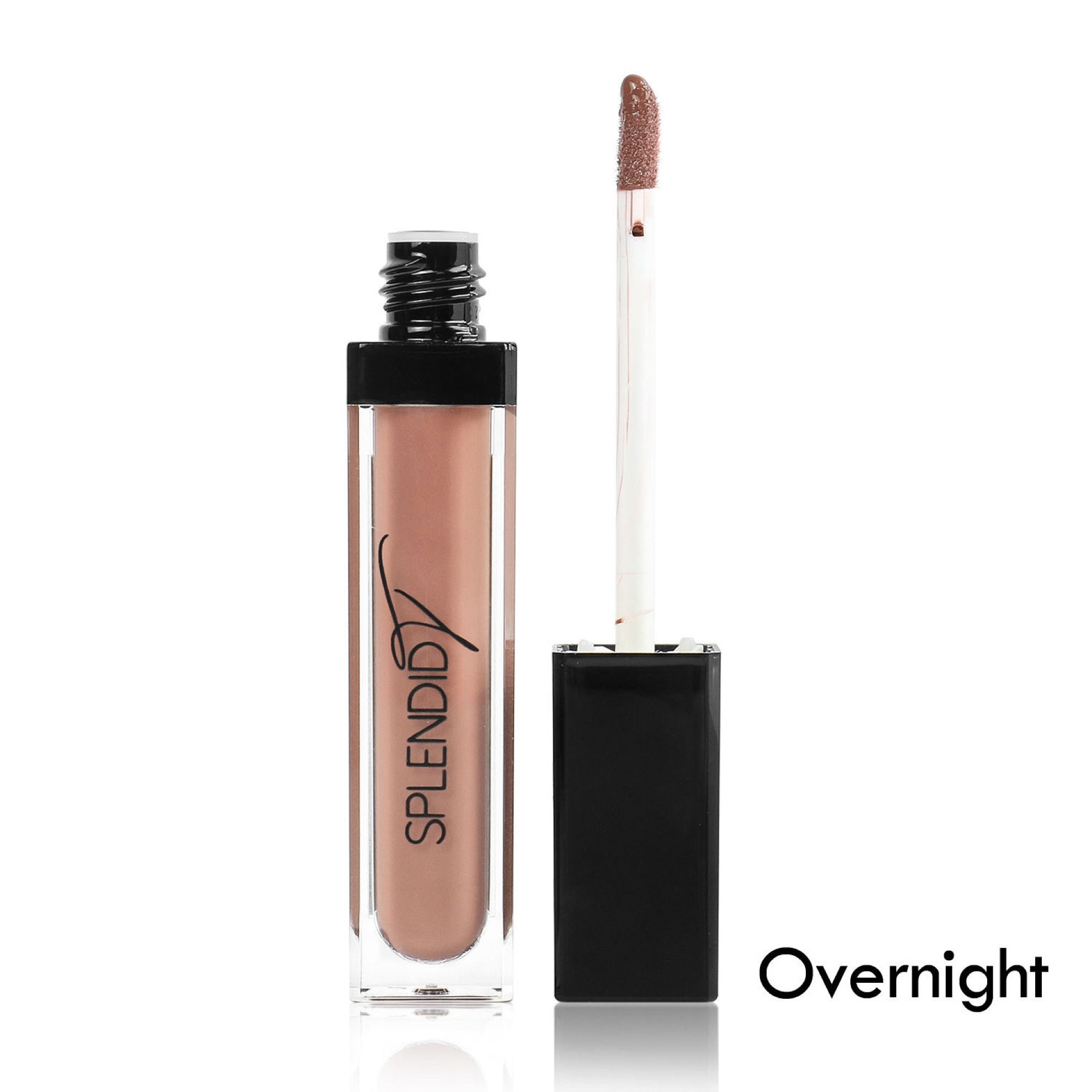 Splendid Tresses Overnight lip gloss in nude shade, clear tube with black cap and applicator.