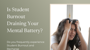 Stressed student holding head in front of laptop with text: ‘Is Student Burnout Draining Your Mental Battery