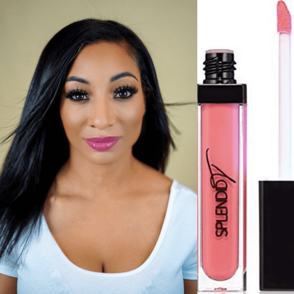 Close-up of a woman wearing Splendid Tresses Barbie Pink lip gloss, featuring a vibrant pink shade.