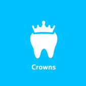 Tooth with a royal crown on top. Caption below says crowns. 