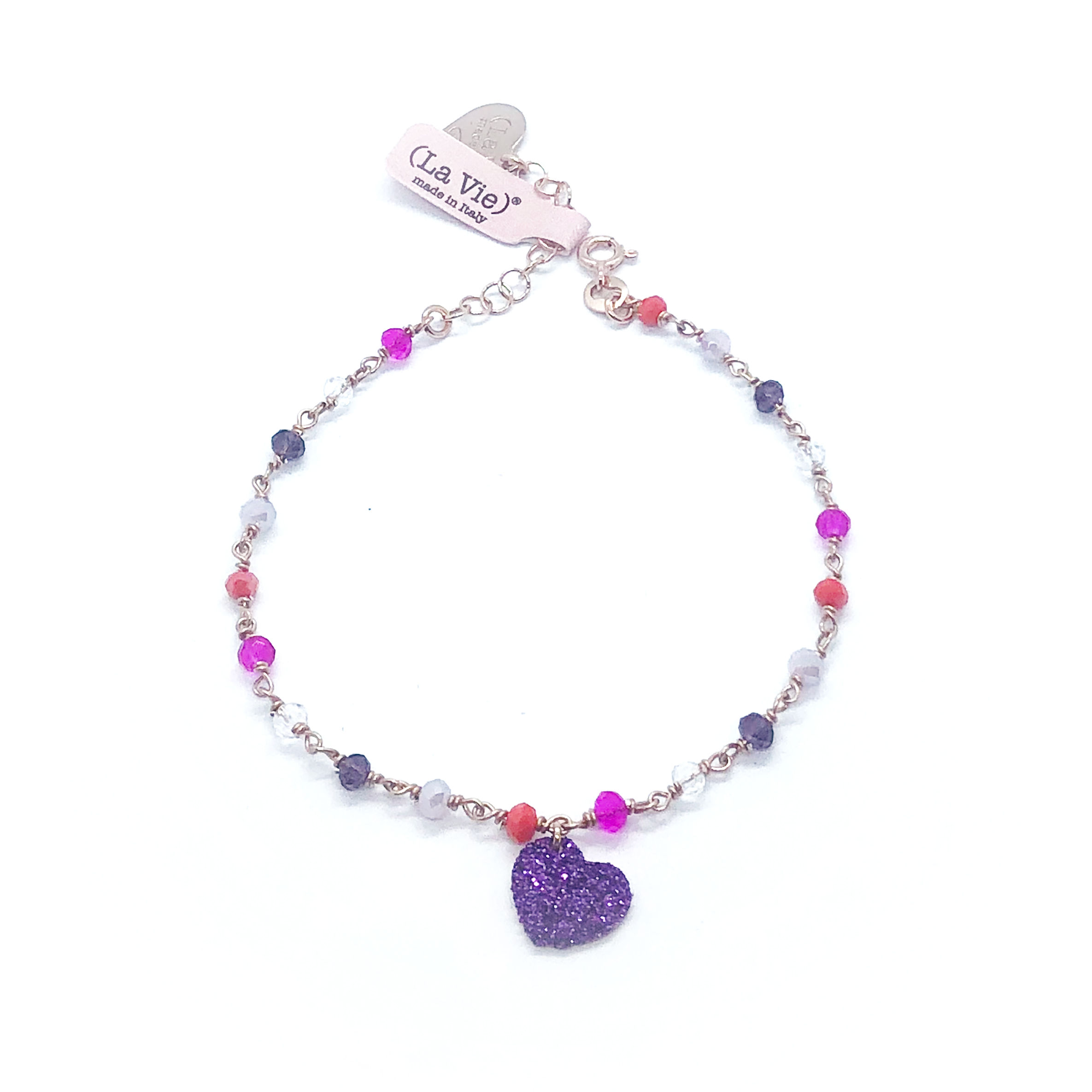 La Vie - BRACCIALE ROSARIO CHARM CUORE GLITTER VIOLA ARG.925 BAGNATO ORO ROSA