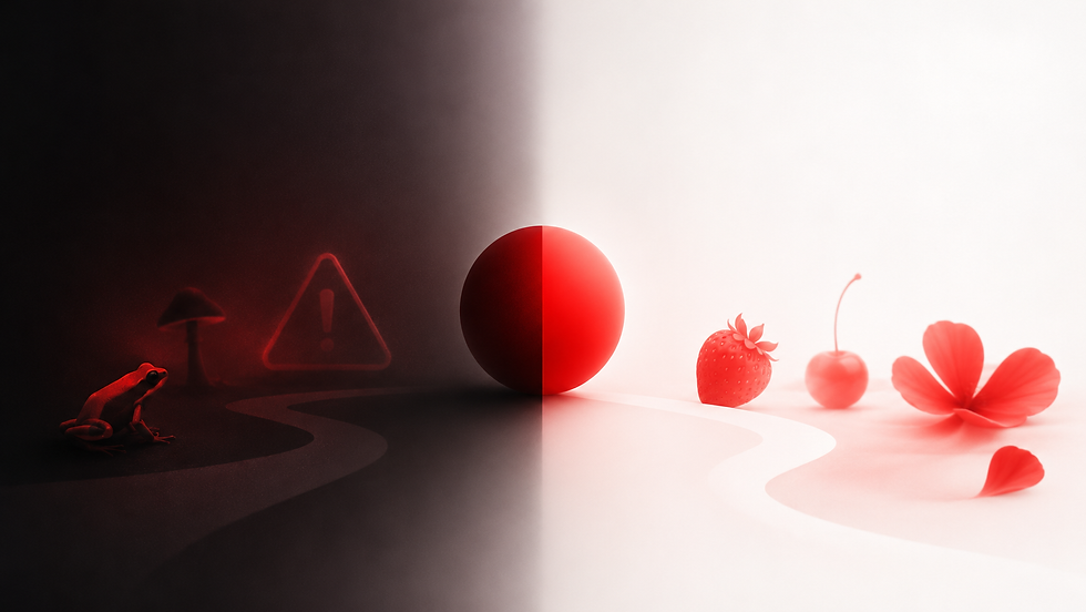Minimalist visual showing red as two different UX meanings: warning and risk on a dark side, and action, energy, and attraction on a light side, with a central red sphere connecting both contexts.