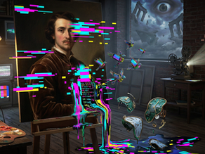 In a surreal atelier, a painting distorts with vibrant glitches, melting into digital chaos, while fragmented birds and data flows symbolize the tension between tradition and digital identity in the age of AI anxiety.