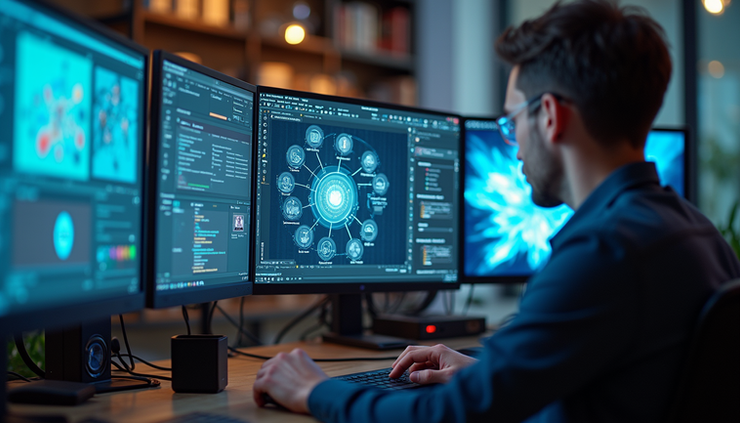 Eye-level view of a digital workspace showing interconnected design tools on multiple screens