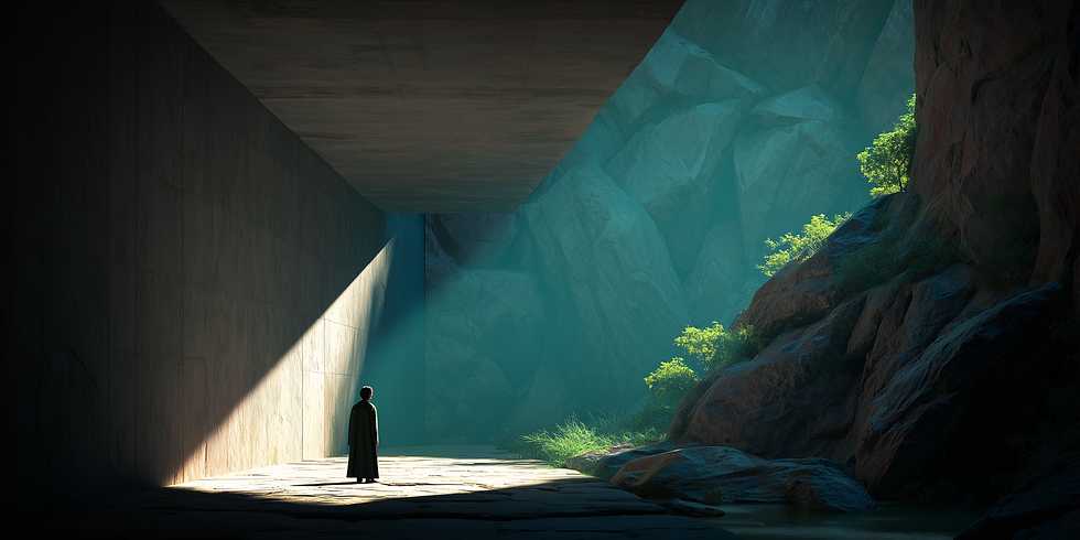 A lone figure stands beneath a massive concrete structure where sunlight meets shadow, overlooking a serene rocky canyon with glowing greenery.