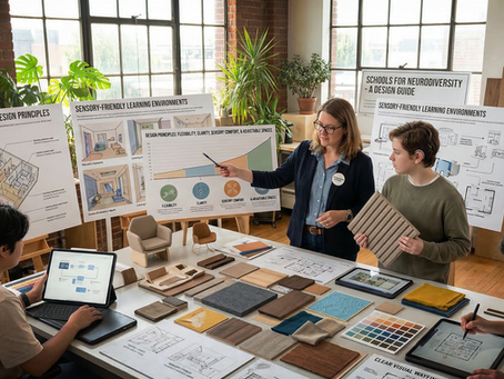 Designers collaborate in a vibrant office space, discussing neurodiversity-inclusive design principles and sensory-friendly learning environments, surrounded by detailed plans and material samples.