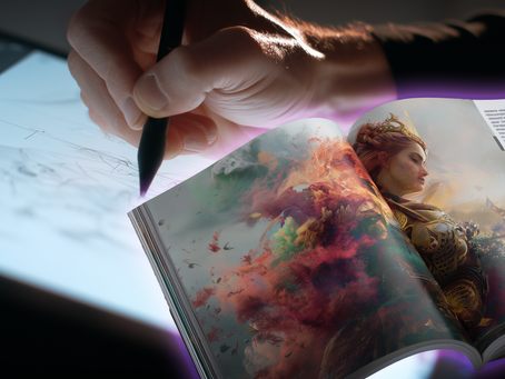 A digital artist sketching on a tablet while a printed magazine shows the final high-quality illustration, showcasing the full process from concept to commercial publication.
