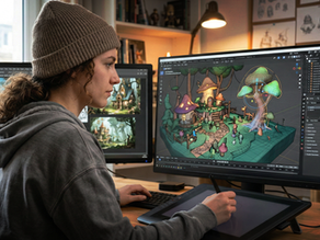 A gaming artist immersed in designing a whimsical environment level, utilizing multiple monitors and a drawing tablet in a creative workspace.