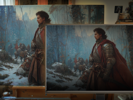 A classical fine art painting of a medieval knight with red cape in a snowy forest, used as visual reference for fantasy game art, character design, and immersive environment development