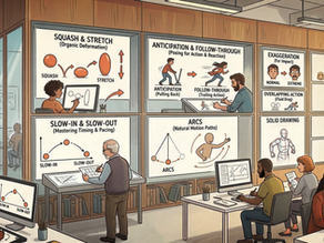 Animators at work, surrounded by principles of animation like squash and stretch, anticipation, and arcs, creating lively characters in a bustling studio.